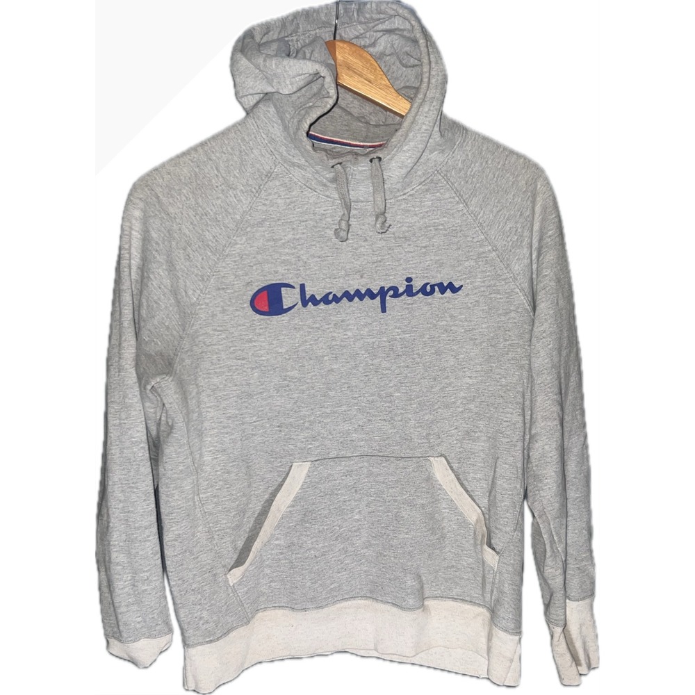 Champion Mens Script Logo‎ Hoodie Heather Gray Raglan Pullover Sweatshirt Small